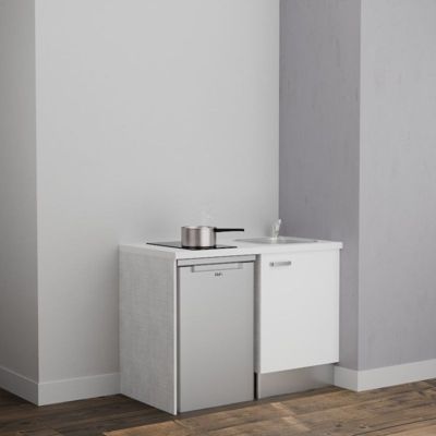 Kitchenette K08 - 120 cm - Façades : Blanc - Plan de travail : Blanc - Crédences : Non - Evier Inox