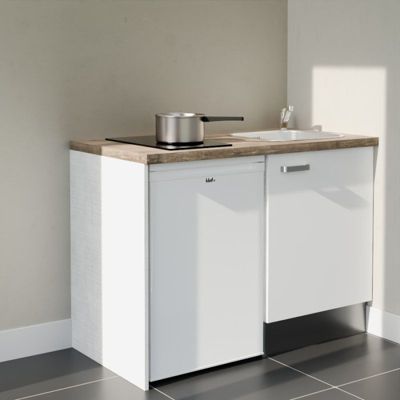 Kitchenette K08 - 120 cm - Façades : Blanc - Plan de travail : Bois - Crédences : Non - Evier Inox