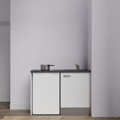 Kitchenette K08 - 120 cm - Façades : Blanc - Plan de travail : Noir texturé - Crédences : Non - Evier Noir