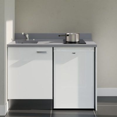 Kitchenette K08 - 120 cm - façades Blanc - Plan monobloc en quartz coloris Cromo évier à gauche