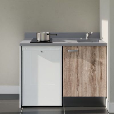 Kitchenette K08 - 120 cm - façades Bois - Plan monobloc en quartz coloris Cromo évier à droite