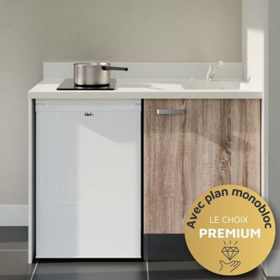 Kitchenette K08 - 120 cm - façades Bois - Plan monobloc en quartz coloris Snova évier à droite
