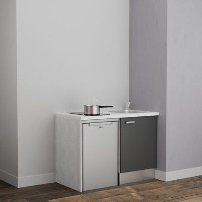 Kitchenette K08 - 120 cm - Façades : Gris - Plan de travail : Blanc - Crédences : Non - Evier Inox