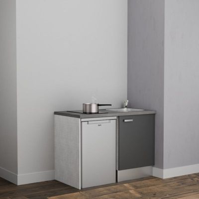 Kitchenette K08 - 120 cm - Façades : Gris - Plan de travail : Gris béton - Crédences : Non - Evier Inox