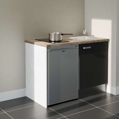 Kitchenette K08 - 120 cm - Façades : Noir - Plan de travail : Bois - Crédences : Non - Evier Inox