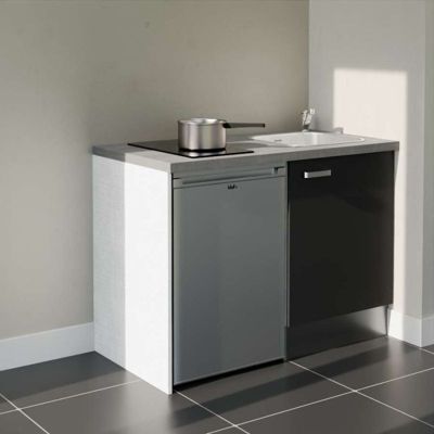 Kitchenette K08 - 120 cm - Façades : Noir - Plan de travail : Gris béton - Crédences : Non - Evier Inox