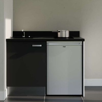 Kitchenette K08 - 120 cm - façades Noir - Plan monobloc en quartz coloris Nero évier à gauche