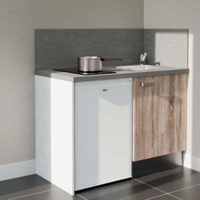 Kitchenette K08 façades Bois - Plan de travail Gris béton - Crédences : Oui - Evier inox - Electroménager Blanc inclus