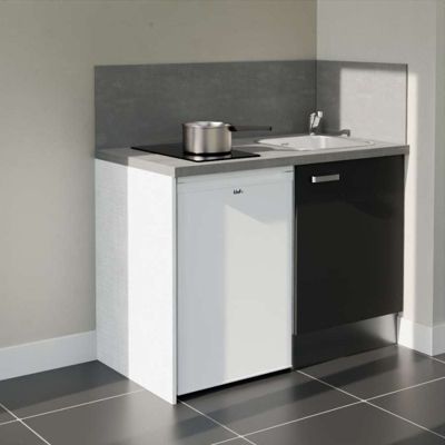 Kitchenette K08 façades Noir - Plan de travail Gris béton - Crédences : Oui - Evier inox - Electroménager Blanc inclus