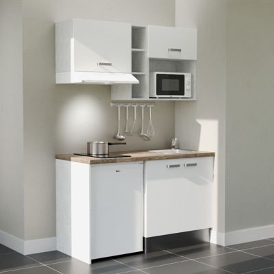 Kitchenette K13 - 140 cm - Façades : Blanc - Plan de travail : Bois - Crédences : Non - Evier