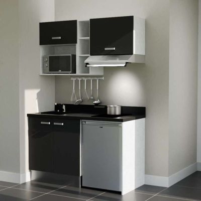 Kitchenette K13 - 140 cm - façades Noir - Plan monobloc en quartz coloris Nero évier à gauche - Electroménager Inox
