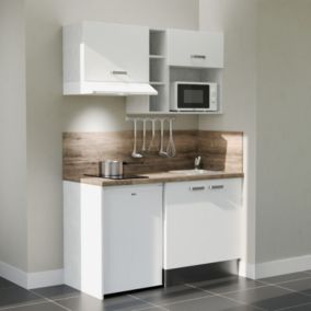 Kitchenette K13L-PT - 140 cm avec plan de travail et évier - Façade Blanc - Plan Bois - Evier Inox - Crédences Oui