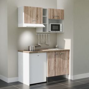 Kitchenette K13L-PT - 140 cm avec plan de travail et évier - Façade Bois - Plan Bois - Evier Inox - Crédences Non