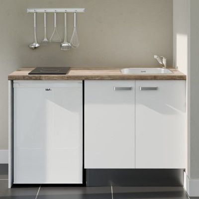 Kitchenette K17 - 140 cm - Façades : Blanc - Plan de travail : Bois - Crédences : Non - Evier
