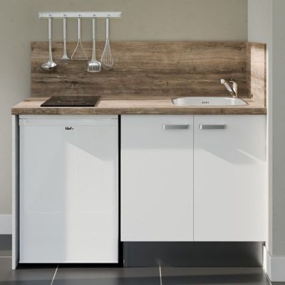 Kitchenette K17 façades Blanc - Plan de travail Bois - Crédences : Oui - Evier inox - Electroménager Blanc inclus