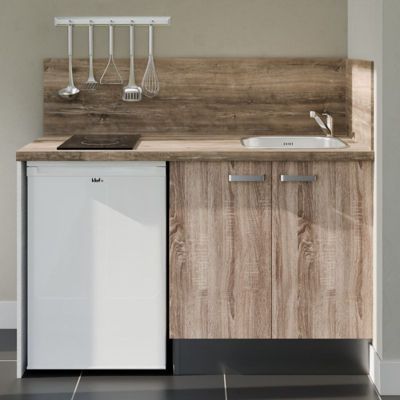 Kitchenette K17 façades Bois - Plan de travail Bois - Crédences : Oui - Evier inox - Electroménager Blanc inclus