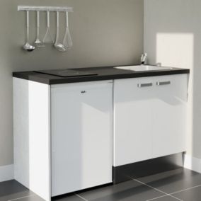 Kitchenette K17L-PT - 140 cm avec plan de travail et évier - Façade Blanc - Plan Noir - Evier Inox - Crédences Non