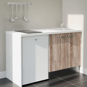 Kitchenette K17L-PT - 140 cm avec plan de travail et évier - Façade Bois - Plan Blanc - Crédences Non