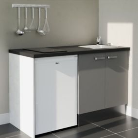 Kitchenette K17L-PT - 140 cm avec plan de travail et évier - Façade Gris - Plan Noir - Evier Inox - Crédences Non