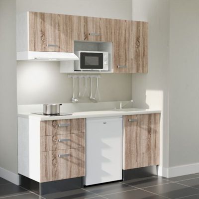 Kitchenette K20 - 180 cm - façades Bois - Plan monobloc en quartz coloris Snova évier à droite