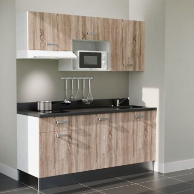 Kitchenette K30 - 180 cm - façades Bois - Plan monobloc en quartz coloris Nero évier à droite - Electroménager Blanc