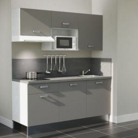 Kitchenette K30L-PT - 180 cm avec plan de travail et évier - Façade Gris - Plan Gris - Evier Inox - Crédences Oui