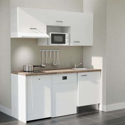 Kitchenette K55 - 180 cm - Façades : Blanc - Plan de travail : Bois - Crédences : Non - Evier