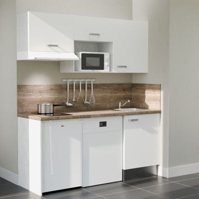 Kitchenette K55 - 180 cm - Façades : Blanc - Plan de travail : Bois - Crédences : Oui - Evier
