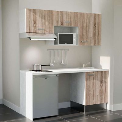 Kitchenette K55 façades Bois - Plan de travail Blanc - Crédences : Non - Evier inox - Electroménager Inox inclus