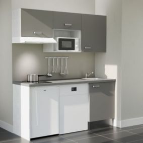 Kitchenette K55L-PT - 180 cm avec plan de travail et évier - Façade Gris - Plan Gris - Evier Inox - Crédences Non