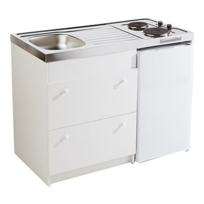 Kitchenette Silver blanche, casserolier + plan de travail + évier + frigo + plaque électrique