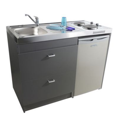 Kitchenette Silver grise, caisson + plan de travail + évier + frigo + plaque électrique