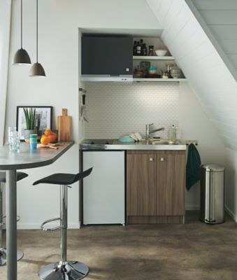 Kitchenette Silver imitation bois, caisson + plan de travail + évier + frigo + plaque vitrocéramique