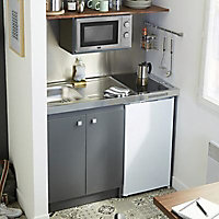 Kitchenette Simply grise, caisson + plan de travail + évier + frigo + plaque vitrocéramique