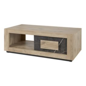 KITTRY - Table Basse 1 Tiroir 1 Niche Aspect Bois Canyon et Marbre