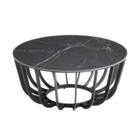 KLODIE - Table Basse Ronde Plateau Céramique Marbré Cadre Métal Gris Anthracite