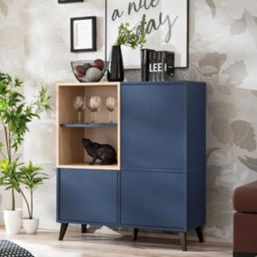 komodee, Buffet de cuisine Fondi, armoire de rangement, bleu, bois clair, style scandinave, 90 x 35 x 102 cm, pour salon, cuisine