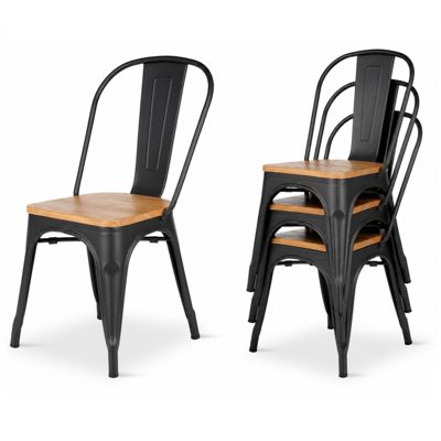 Kosmi   Lot de 4 chaises en métal Noir Mat et Assise en Bois Clair   Style Industriel