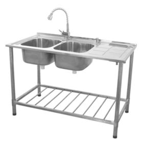KuKoo Evier Professionnel /Plonge Inox sur Pied à Doubles Bacs Egouttoir à Droite