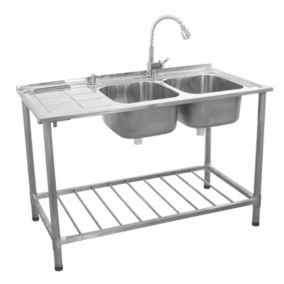 KuKoo Evier Professionnel /Plonge Inox sur Pied à Doubles Bacs Egouttoir à gauche