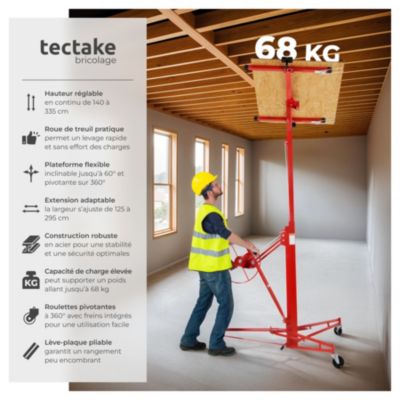 Lève-plaque pliable treuil frein bras extensible 295cm réglage h 140-335cm en acier rouge