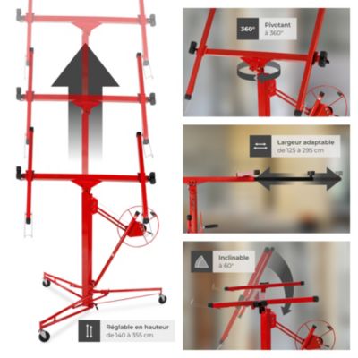 Lève-plaque pliable treuil frein bras extensible 295cm réglage h 140-335cm en acier rouge