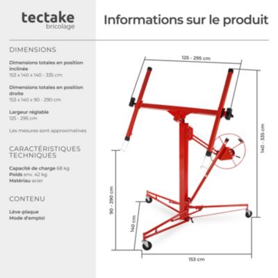 Lève-plaque pliable treuil frein bras extensible 295cm réglage h 140-335cm en acier rouge