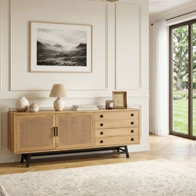 LALALA  Buffet bas en chêne, cannage, métal, 2 tiroirs, 2 portes, 170 cm