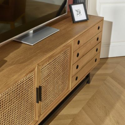 LALALA  Buffet bas en chêne, cannage, métal, 2 tiroirs, 2 portes, 170 cm