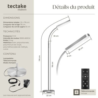 Lampadaire 5 modes d'éclairage LED 12 W argent