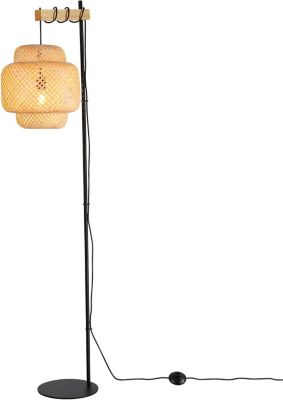 Lampadaire ANJA en bois et osier avec abat-jour en bambou interrupteur au pied et design moderne pour salon ou cuisine
