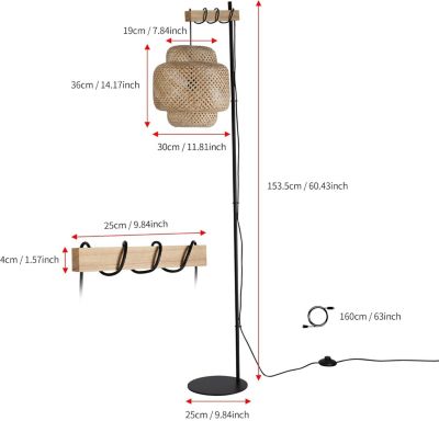 Lampadaire ANJA en bois et osier avec abat-jour en bambou interrupteur au pied et design moderne pour salon ou cuisine