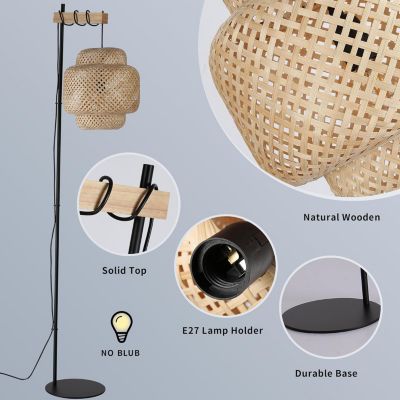 Lampadaire ANJA en bois et osier avec abat-jour en bambou interrupteur au pied et design moderne pour salon ou cuisine