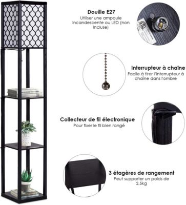 Lampadaire avec Tablettes de Rangement a 3 Niveaux Lampe sur Pied Abat jour Tissu Ampoule E27 60W NON Inclue avec grille